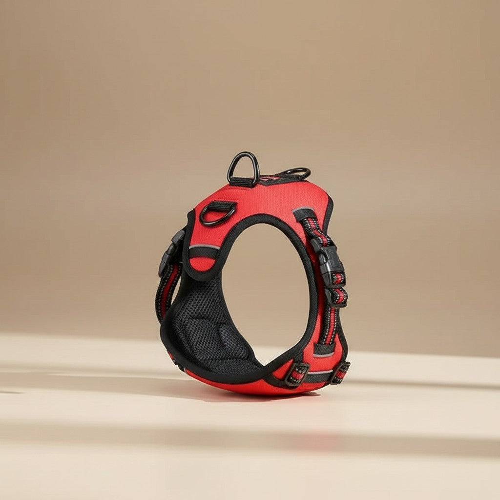Milleo adjustable red nylon dog harness with reflective trim and padded straps for comfort and visibility.