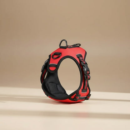 Milleo adjustable red nylon dog harness with reflective trim and padded straps for comfort and visibility.