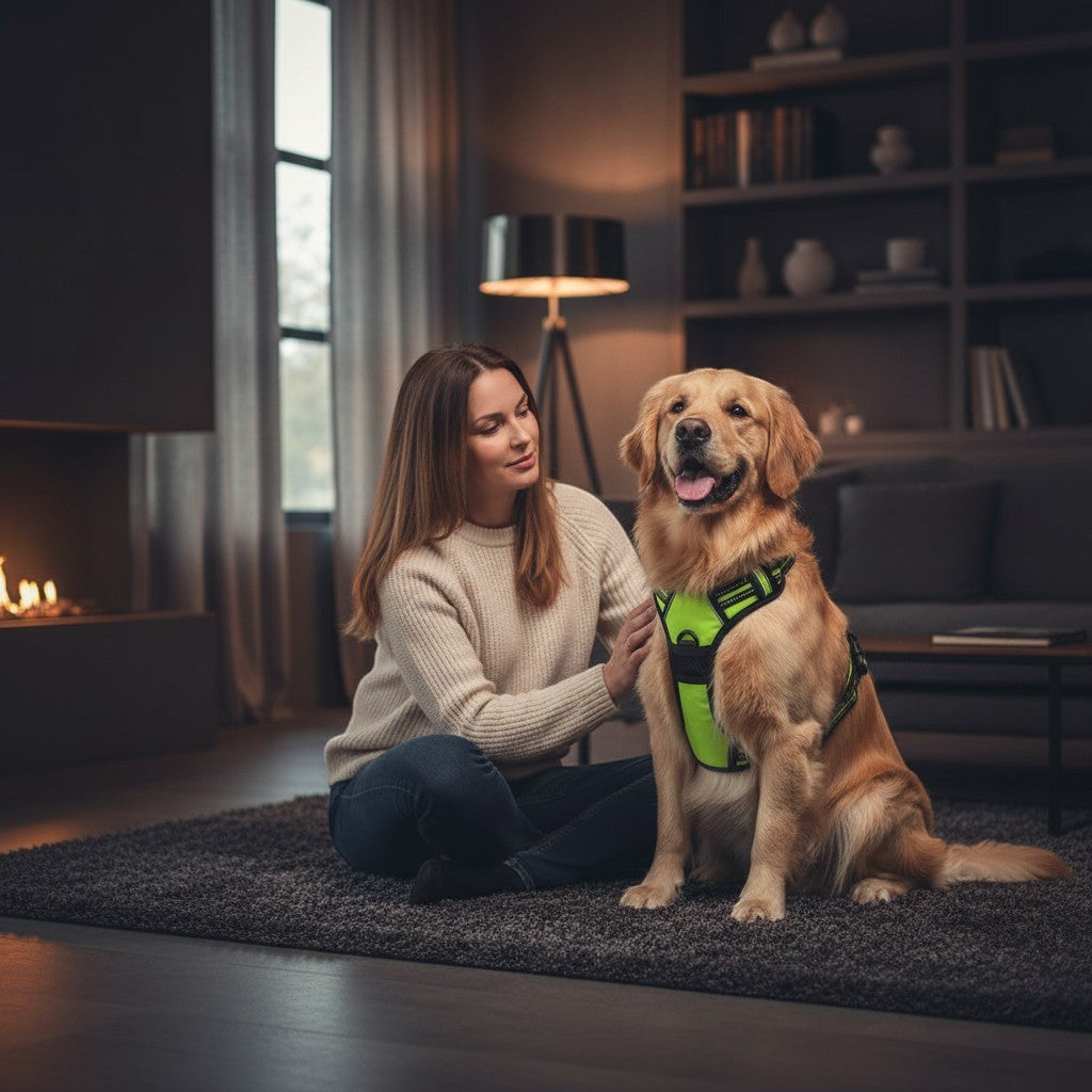 Milleo adjustable neon green nylon dog harness with reflective strips and black trim. Features a golden retriever wearing the harness.
