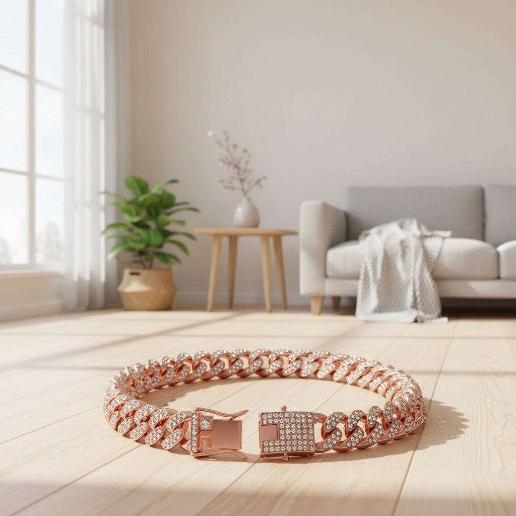 Milleo rose gold Cuban link dog collar with crystals, adjustable stainless steel for small dogs.