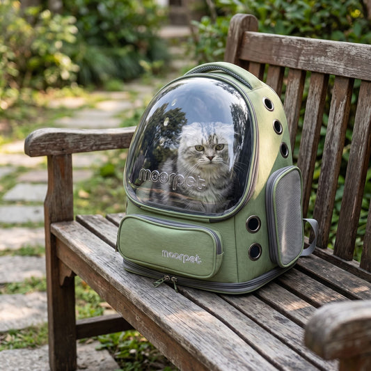 Full-body outdoor shot of a small khaki nylon cat backpack on a rustic wooden bench, showing portability and ventilation features in natural light.