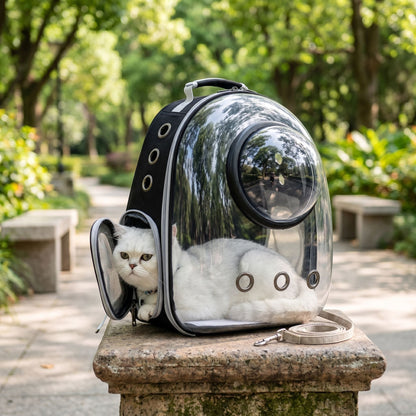 Outdoor scene with a pet nearby, showcasing a tiny transparent pet backpack's portability and lightweight profile in a park setting.