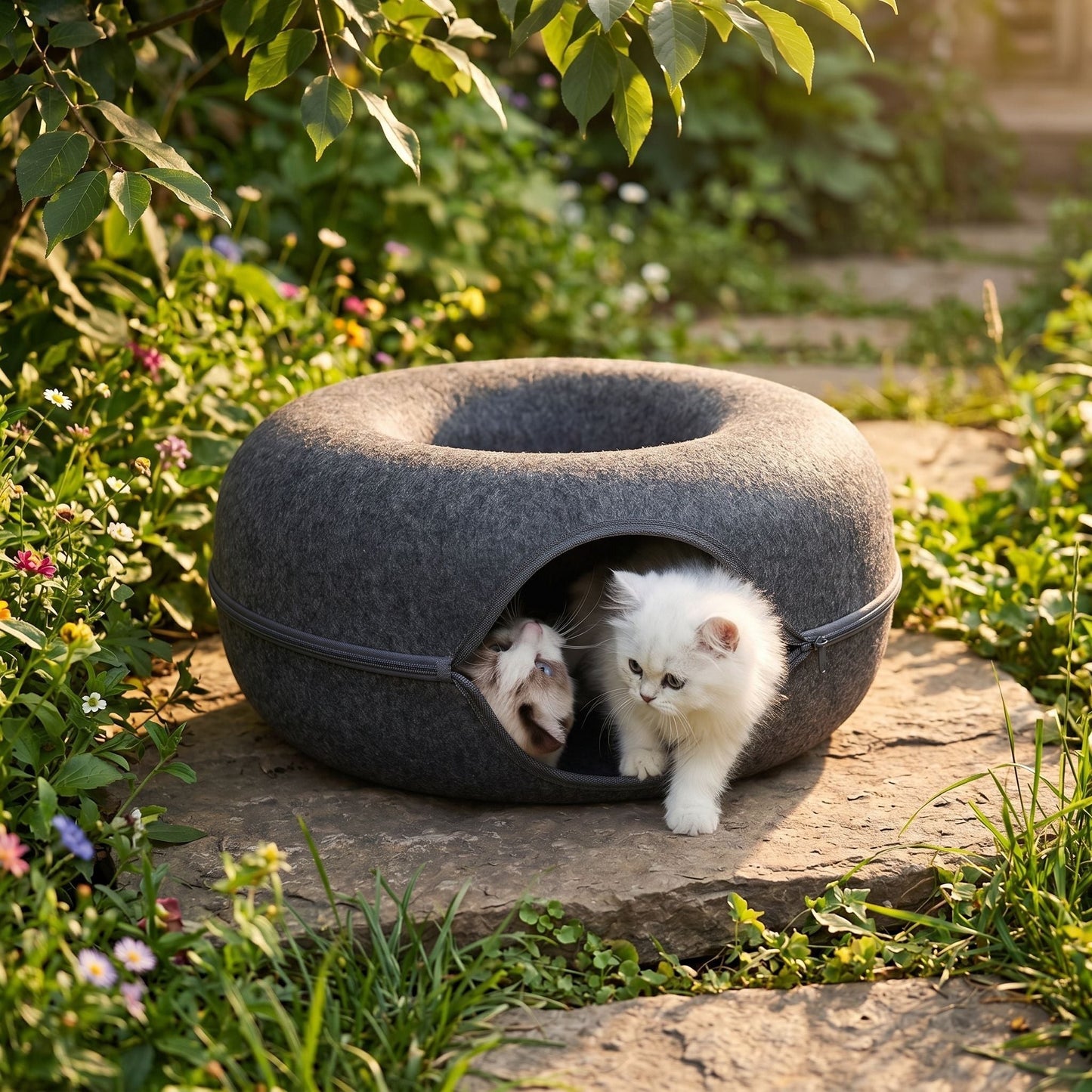 Outdoor view of felt cat bed in garden, highlighting natural environment, durable fiber, and inviting design.