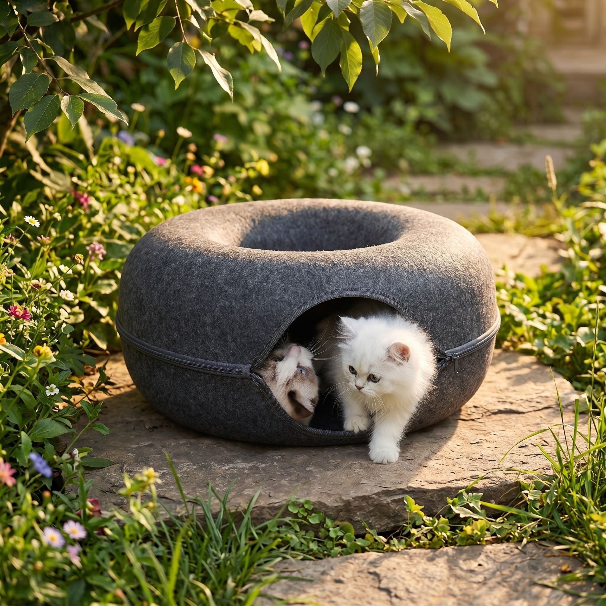 Outdoor view of felt cat bed in garden, highlighting natural environment, durable fiber, and inviting design.