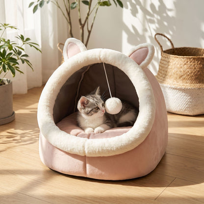 Cute scene of a small pet resting in a soft cotton cat bed in a warm home environment, highlighting its cozy and practical design.