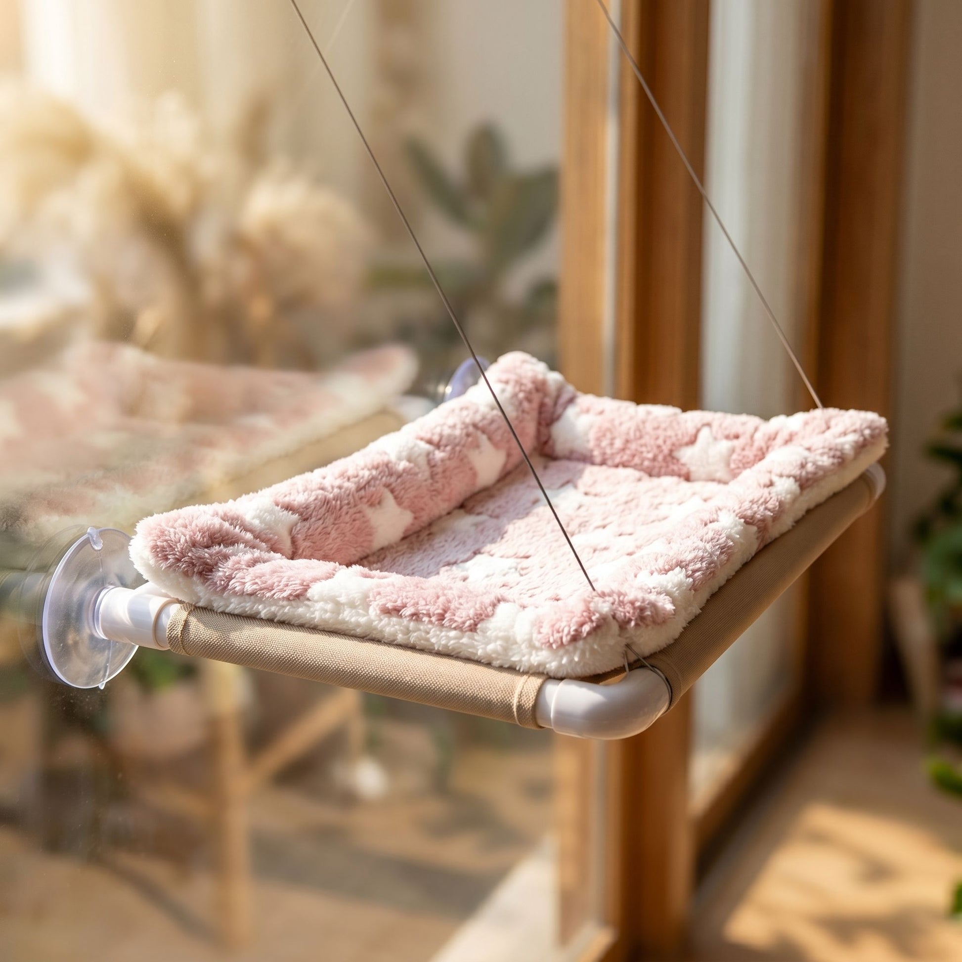 Close-up of a plush hanging cat hammock showing micro-texture and plastic reflection in natural indoor light.