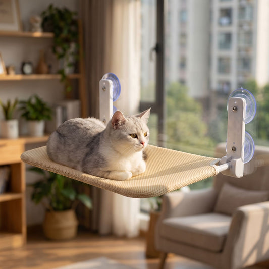 Close-up of a plush window cat hammock with soft fabric and mesh suited for cozy indoor relaxation.