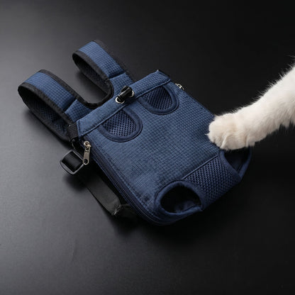 Overhead view of a foldable pet bag laid flat on a black matte surface, showcasing zipper and mesh details.