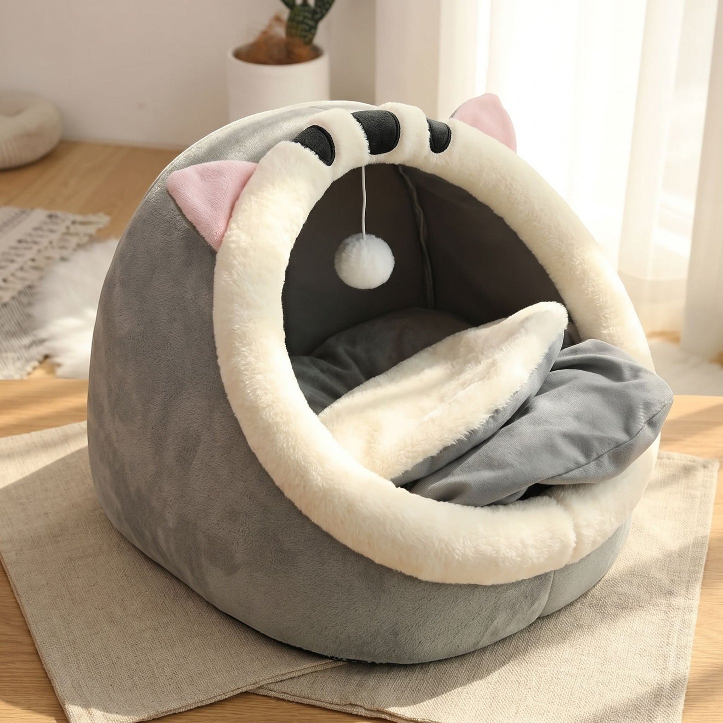 Side view of a soft cotton pet bed with removable cover on a plush rug, highlighting micro-texture and cozy appeal.