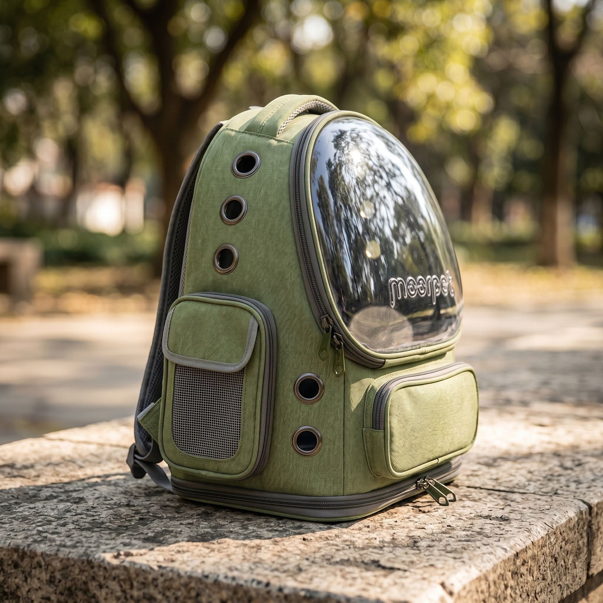 Side view of a tiny khaki nylon pet backpack on a stone surface, emphasizing micro-texture, zipper, and ventilation mesh with soft natural lighting.