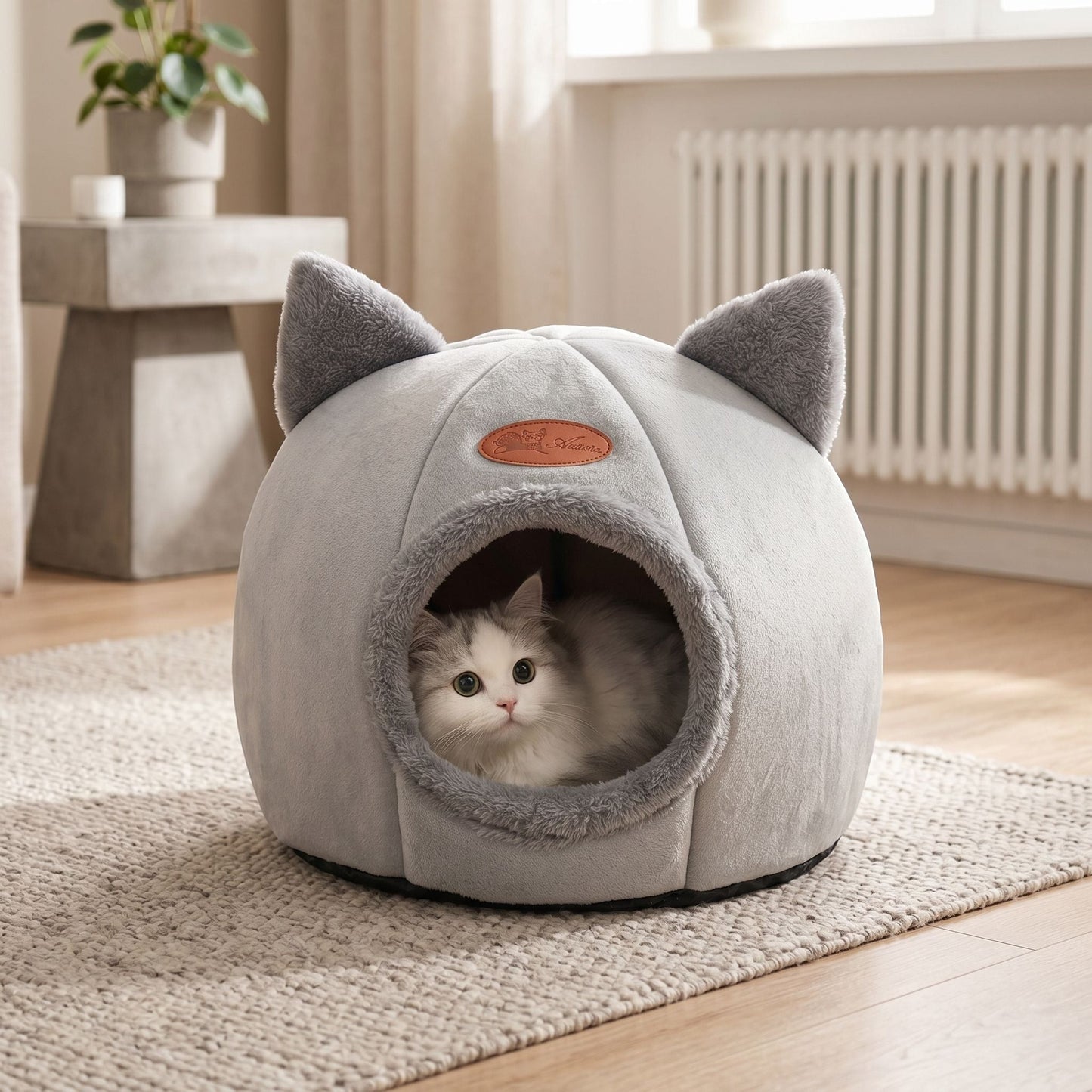 Full-body view of the cozy, cave-style pet bed in a modern living room, showing its compact shape and plush interior perfect for small cats.