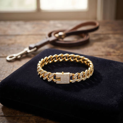 Close-up of a small Cuban link dog collar with crystals, resting on dark velvet, highlighting craftsmanship and sparkle.