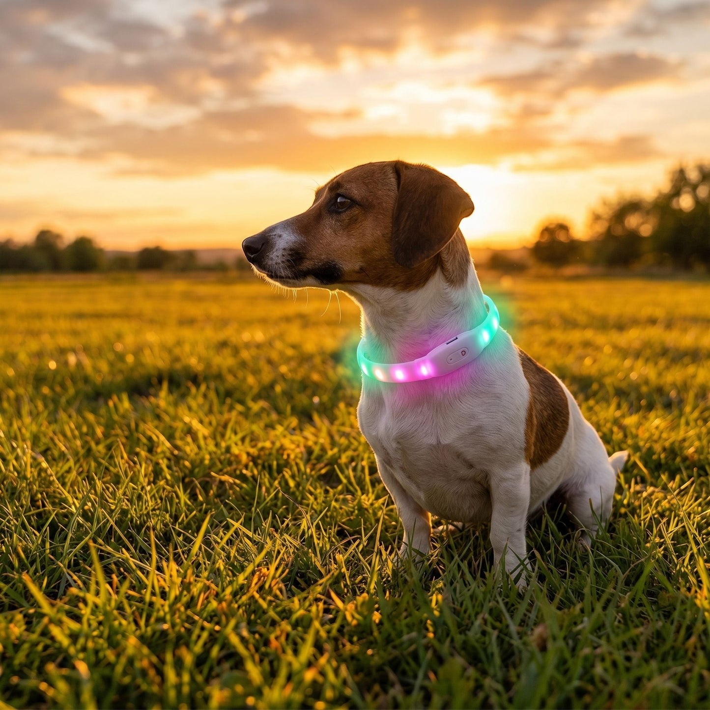 Small dog in a grassy field at sunset wearing a silicone collar with visible glow, capturing details of the micro-texture.