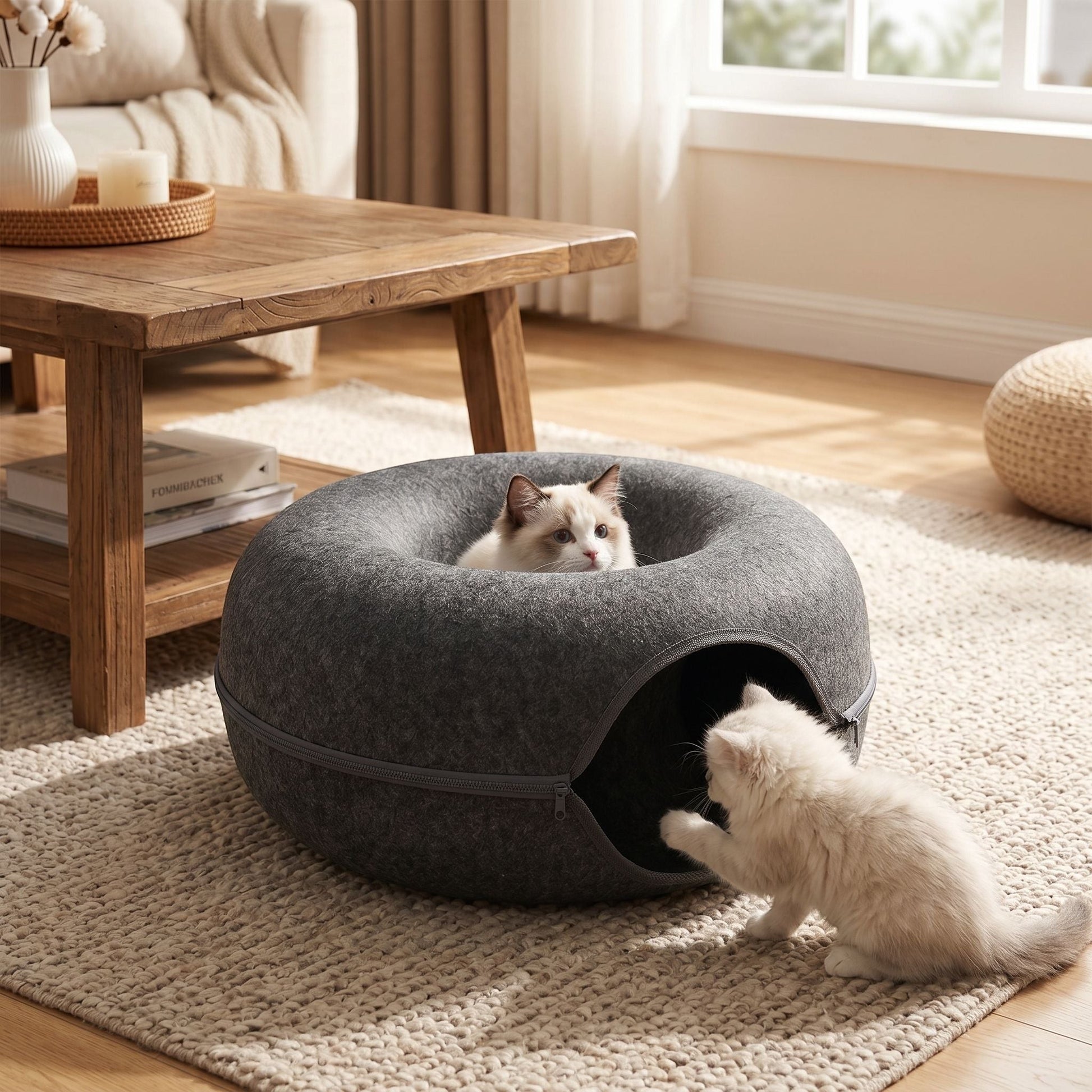 Full view of compact felt cat bed in a warm living room corner, showcasing inviting shape, fiber texture, and playful setup.
