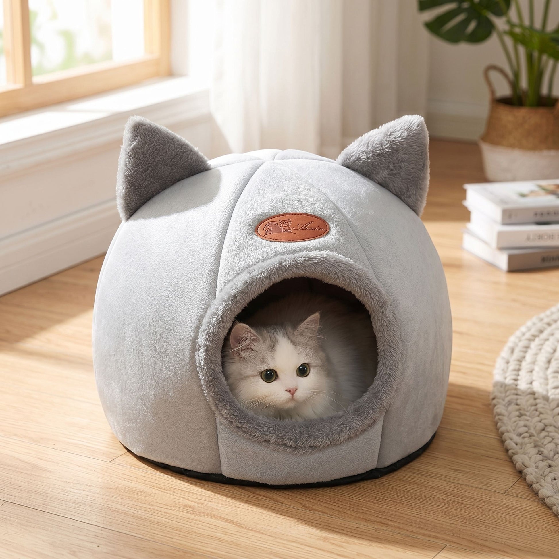Full view of a small cotton pet bed with a curled-up cat inside, illuminated by daylight, emphasizing the cozy, secure design in a living room setting.