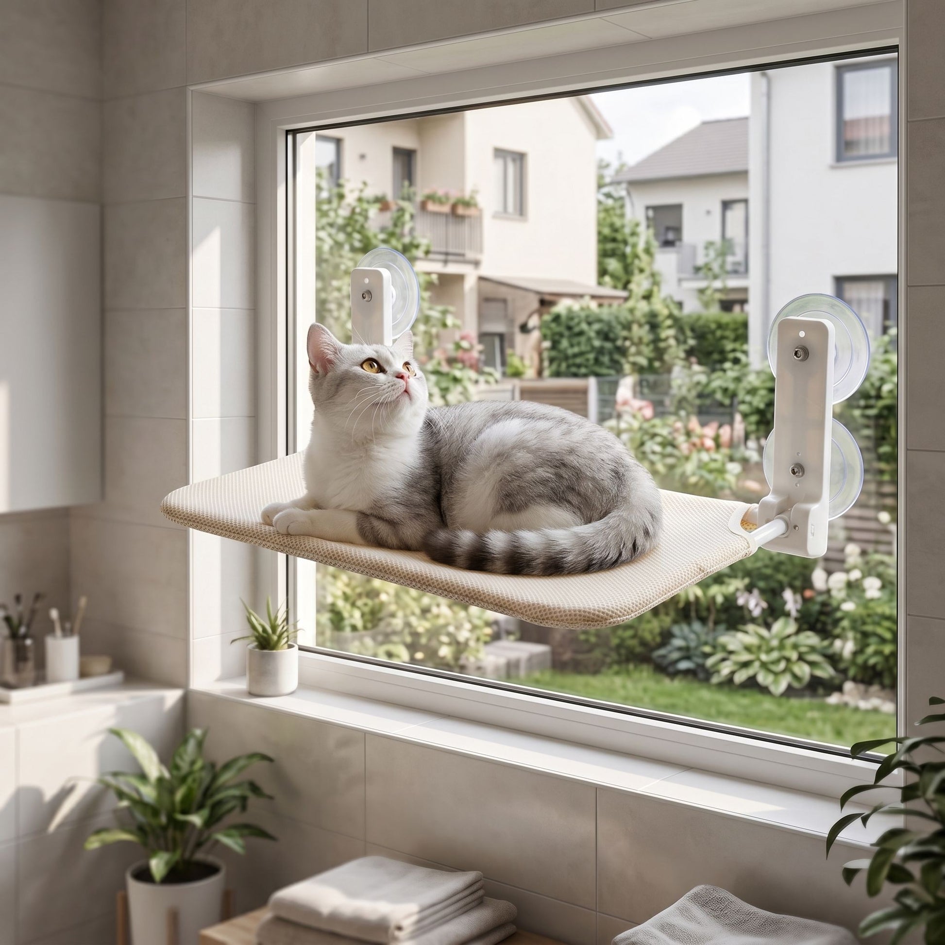 Side perspective of a plush cat hammock with dual suction cups on a tiled window, highlighting texture and compact design.