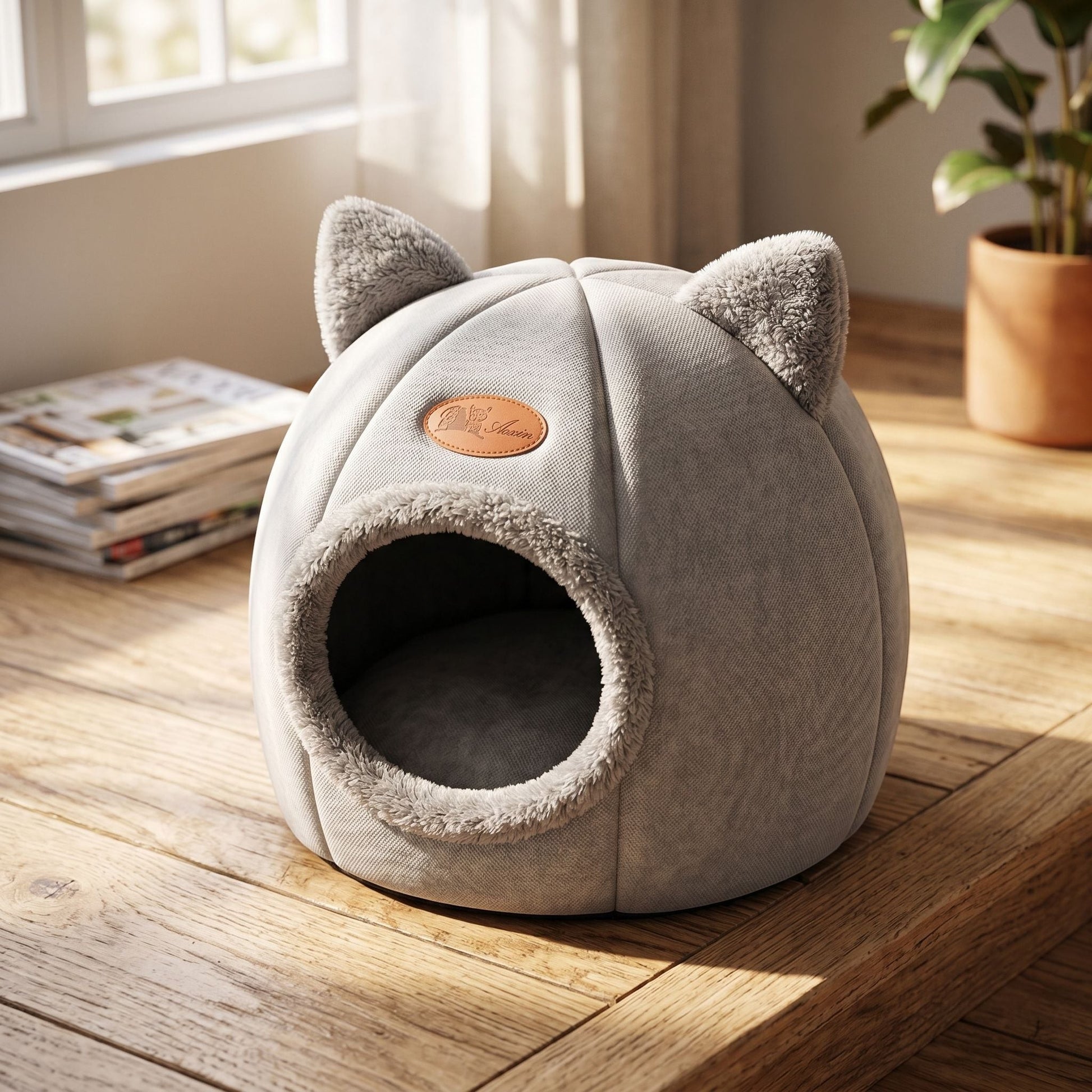 Close-up of a cotton cave-style cat bed highlighting textured natural cotton fabric and cozy interior, with warm home lighting.