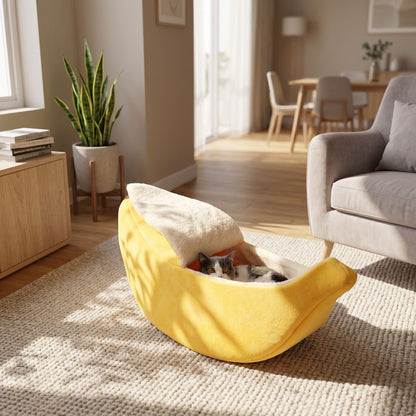 Full view of multicolored banana-shaped cat bed in a cozy room corner, supporting neck and back for comfort.