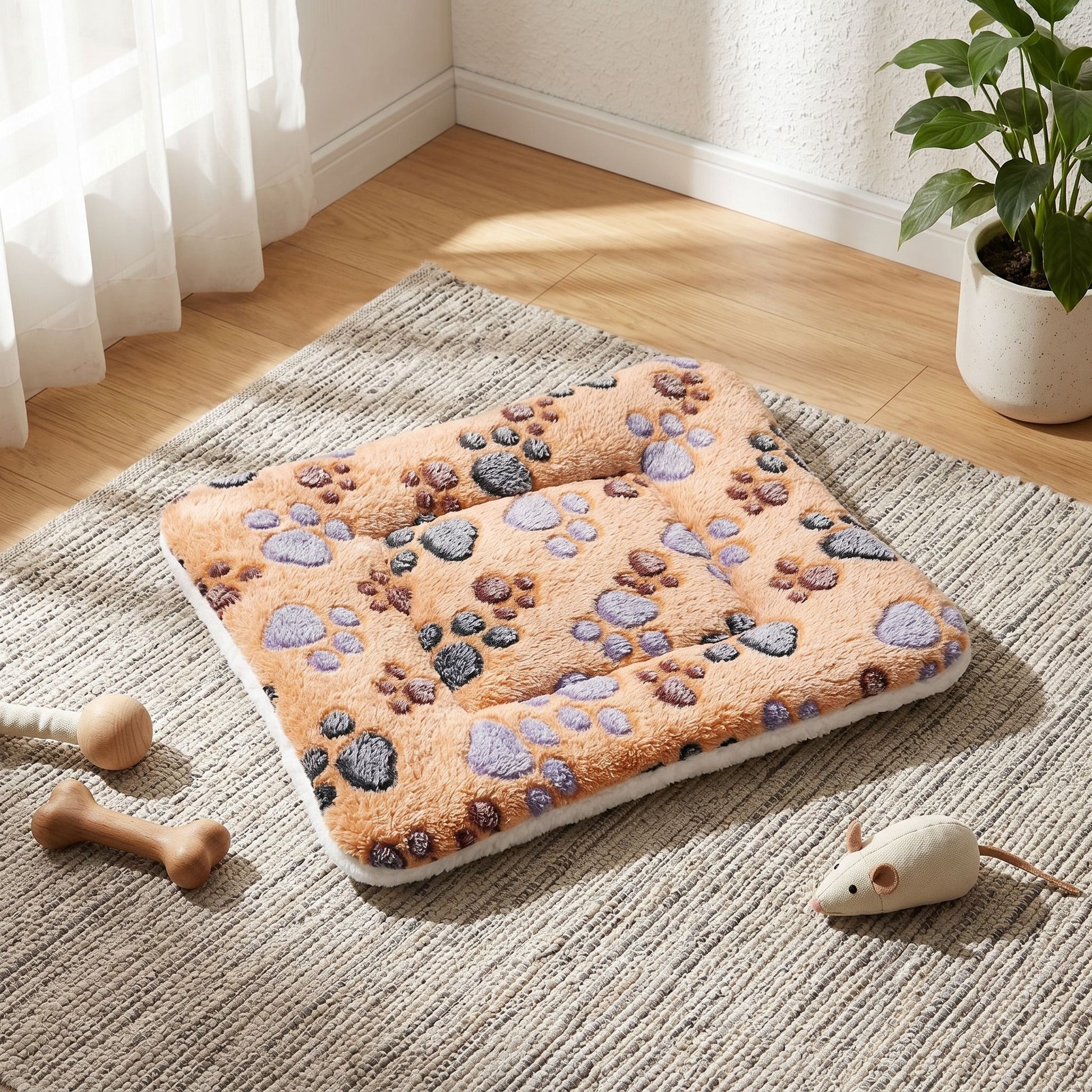 Overhead view of the plush pet bed in a modern home corner with natural sunlight, showcasing its neat edges and versatile setting.