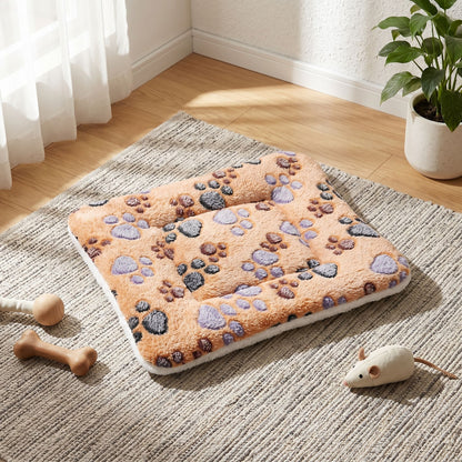 Overhead view of the plush pet bed in a modern home corner with natural sunlight, showcasing its neat edges and versatile setting.