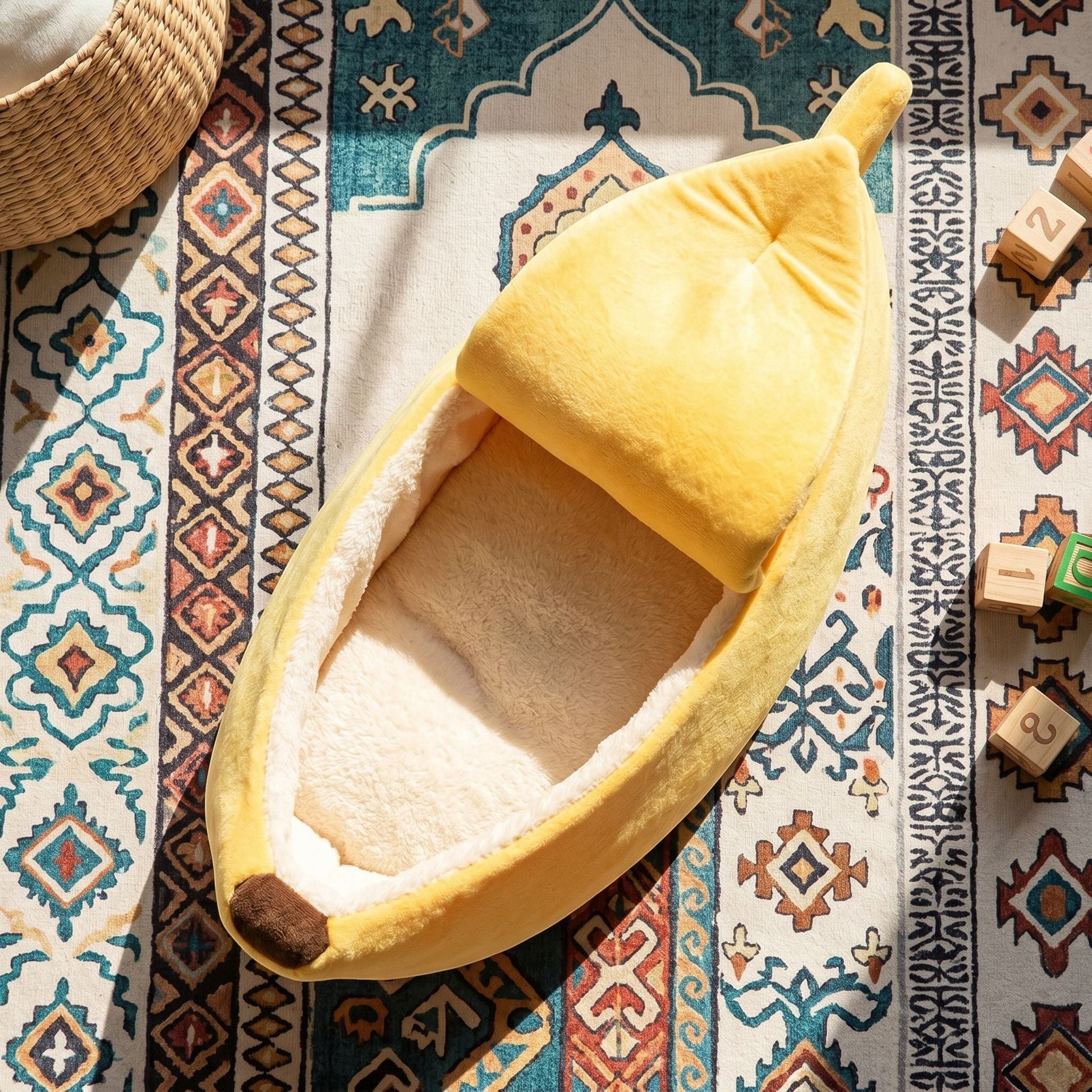 Vibrant multicolor cat bed on rug, highlighting compact, foldable design suitable for travel.