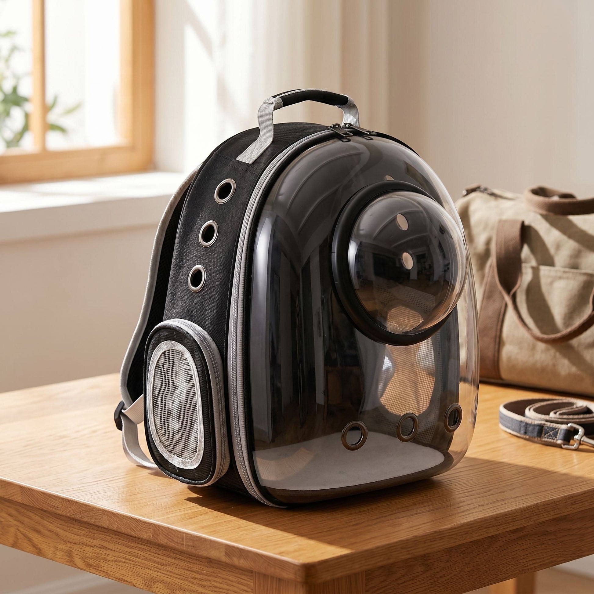 Wide-angle view of a small transparent pet backpack in a cozy domestic setting, showing its foldable design and ventilation openings.