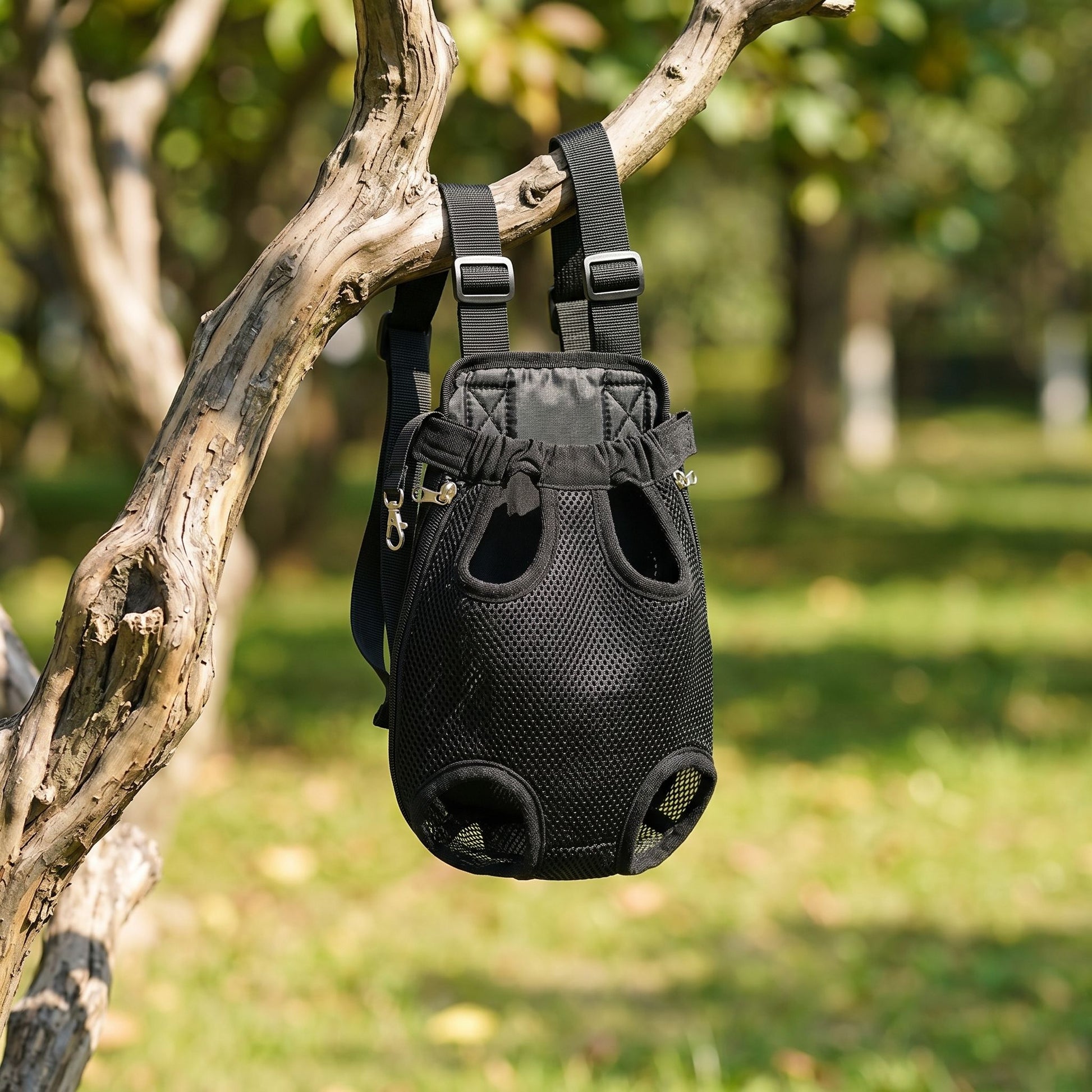 Pet transport bag hanging from a tree branch in a park with sunlight highlighting mesh panels.